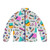 Funky 80s puffer jacket with colorful retro memphis pattern design