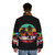Puffer jacket with a scenic sunset landscape, trees, and wildlife silhouettes - men back