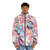 Adorable anime-inspired puffer jacket featuring a kawaii neko girl character with pink hair, fluffy tail, and blue eyes - men front