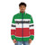 A puffer jacket with an Italian flag, goomba, and "fuhgeddaboudit" design - men front