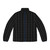 Puffer jacket with pinstripe pattern and bold curse word design