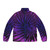 Fuchsia and purple tie dye puffer jacket with a colorful, psychedelic pattern