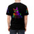 Illustration of a cool cat DJ mixing music on a neon-colored t-shirt - men back