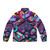 Retro colorful tech-inspired puffer jacket with vibrant 80s computer graphics pattern