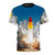 Person wearing a t-shirt with a playful rocket lolly design, celebrating the wonder of space.