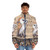 A cozy puffer jacket featuring a barn owl design against a woodland backdrop, perfect for nature enthusiasts. - men front