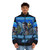 Closeup of a woman wearing a cozy, fish print puffer jacket - men front