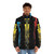 Formula 1 racing puffer jacket with disintegrating car graphics - men front