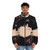 Wired God Futuristic Puffer Jacket with space, stars, and glitch art design - men front