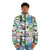 A collage-style puffer jacket featuring aviation-themed imagery and safety elements. - men front
