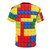 Model wearing a t-shirt with a colorful, abstract brick pattern design - Back