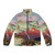 Keiisino Japanese Landscape Puffer Jacket featuring a winter nature scene with mountains, snow, and sunset colors