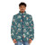 Reptile lover wearing a dark blue puffer jacket with a winter herps pattern - men front