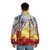 Vibrant digital art depicting a winter dawn landscape with a puffer jacket in the foreground - men back