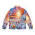 Colorful Banksy-inspired Flower Thrower puffer jacket with graffiti and street art design - Back
