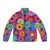 Colorful retro-style puffer jacket with flower power floral design