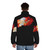 A red puffer jacket with a burning flag design, representing a political protest - men back