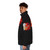 A red puffer jacket with a burning flag design, representing a political protest - men side left