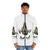 Colorful floral unicorn puffer jacket with spiraling horn - men front