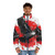 A vibrant red puffer jacket with a crow and moon design, perfect for winter adventures. - men front