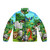 Jungle puffer jacket with playful animal cartoon designs including elephant, lion, and other exotic wildlife