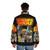 Dachshund wearing a puffer jacket with "Wiener Dog Wars" design - men back