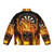 Flaming skull dartboard puffer jacket with focus on the bold design - Back