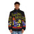 A Flaming Classic Drink Puffer Jacket with a cartoon design, perfect for the 90s drinking humor fan. - men front