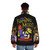 A Flaming Classic Drink Puffer Jacket with a cartoon design, perfect for the 90s drinking humor fan. - men back
