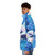 White tuxedo guppy puffer jacket with blue hydrangea floral design - men side left