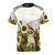 A vintage-style graphic t-shirt featuring a haunted sunflower field design.
