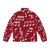 White puffer jacket with musical notes on a red background - Back