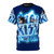 A blue t-shirt featuring a vibrant and energetic design inspired by the legendary rock band Kiss.