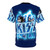 A blue t-shirt featuring a vibrant and energetic design inspired by the legendary rock band Kiss. - Back