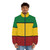 Rasta puffer jacket with stripes in the colors of the Rastafarian flag - men front