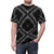 Closeup of a black t-shirt with a detailed repeating bandana print design - men front