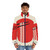 Ramen-inspired puffer jacket in a vibrant red color with retro kaiju and noodle bowl design - men front