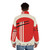 Ramen-inspired puffer jacket in a vibrant red color with retro kaiju and noodle bowl design - men back