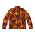 Puffer jacket with a vibrant fire and flame pattern design