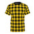 Model wearing a t-shirt featuring the classic Clan Macleod tartan pattern in bright yellow and other colors.