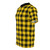Model wearing a t-shirt featuring the classic Clan Macleod tartan pattern in bright yellow and other colors. - men left