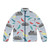 Rainy day puffer jacket with spring pattern and colorful umbrellas, clouds, and lightning