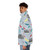 Rainy day puffer jacket with spring pattern and colorful umbrellas, clouds, and lightning - men side left