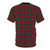 Model wearing a red tartan-patterned t-shirt inspired by the Clan Macduff clan - Back