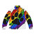 Colorful rainbow paint splatter puffer jacket with paw print design