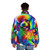Multicolor poodle wearing a rainbow-colored puffer jacket - men back