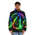 Borderlands Vault Hunter symbol puffer jacket with a vibrant rainbow splash graphic design - men front
