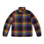Colorful rainbow plaid puffer jacket with pride flag design