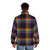 Colorful rainbow plaid puffer jacket with pride flag design - men back