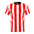 A person wearing a red and white vertical striped t-shirt with a minimalist, geometric pattern design.